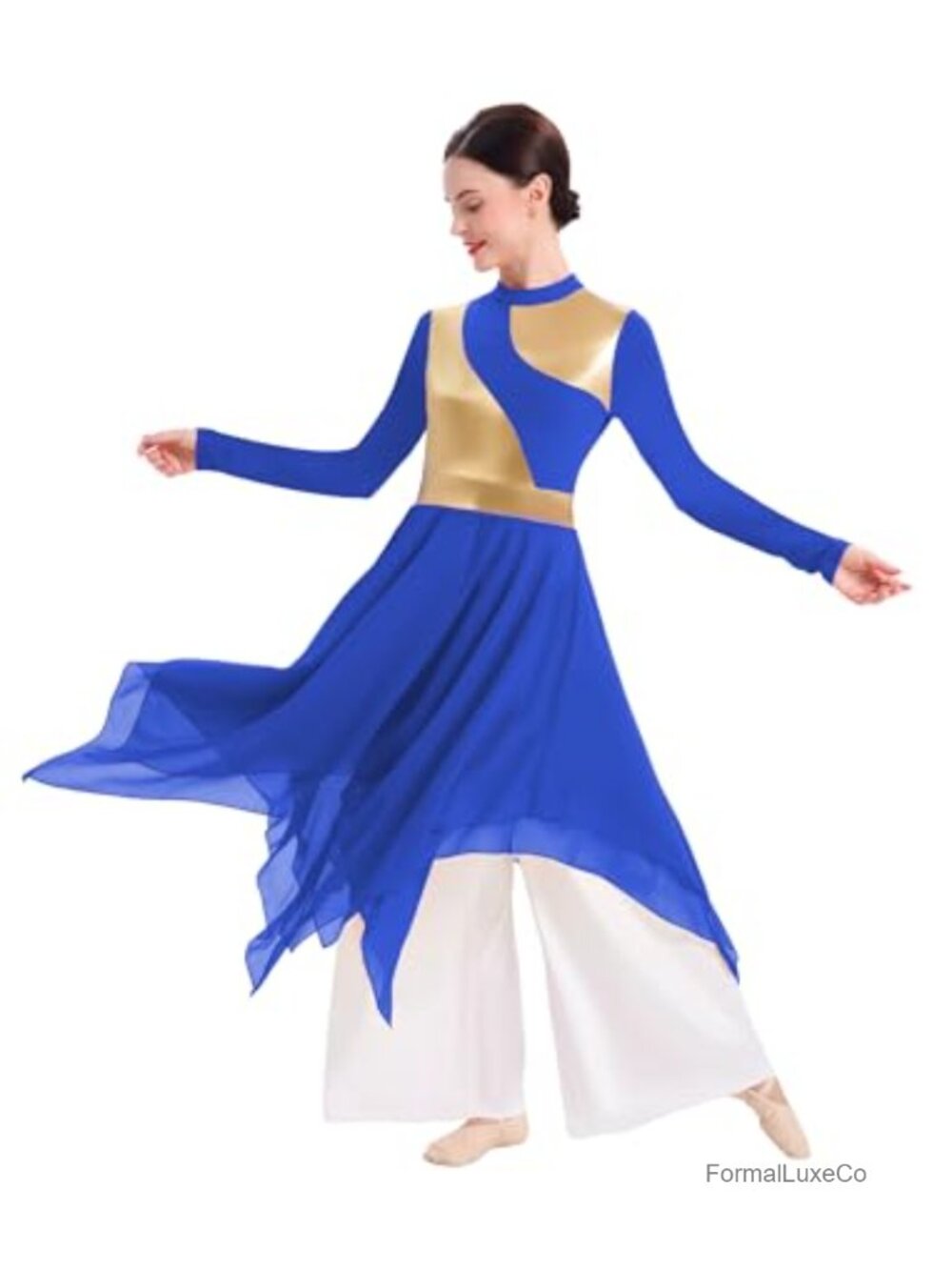 Womens Praise Dance Dress Liturgical Long Sleeve Maxi Handkerchief Hem Swing